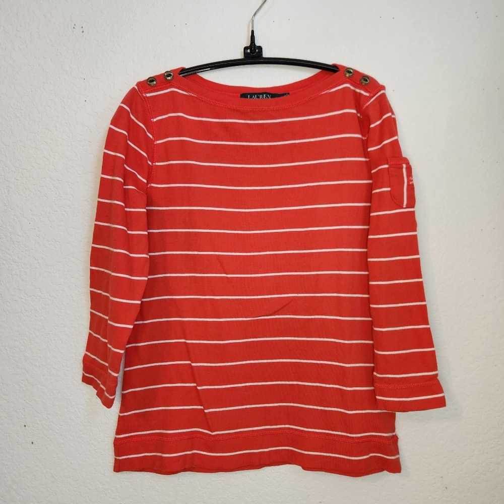 Lauren Ralph Lauren Red Striped with Cute Sleeve Detail Women's Top,‎ Size L